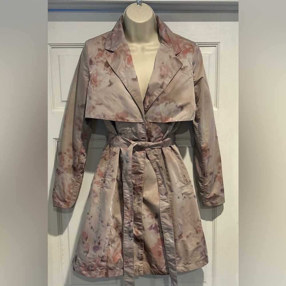 Badgley Mischka American Glamour Water Color Floral Belted Coat Size XS